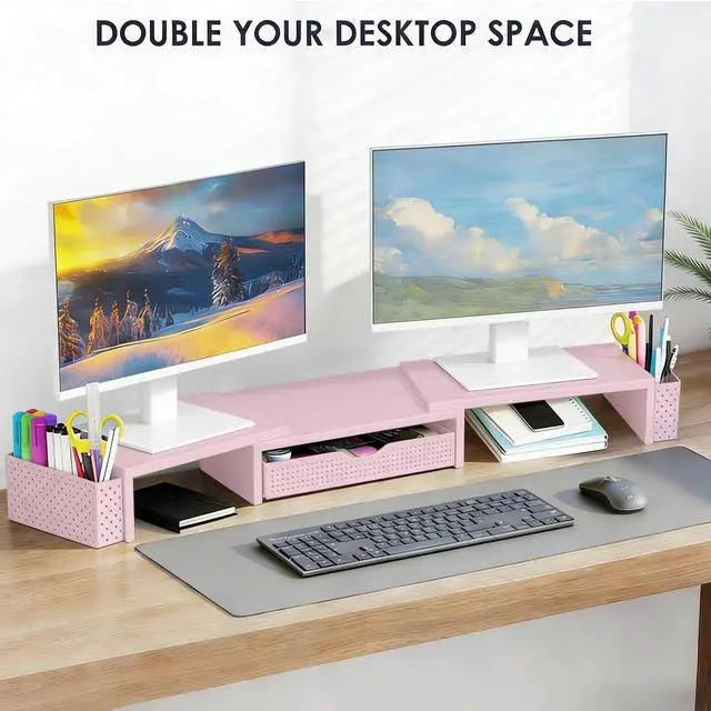 Alt view image 6 of 7 - Metal Desk Organizers and Accessories, Dual Monitor Stand Riser with Drawer and 2 Pen Holders, Desk Accessories & Workspace Desktop Organizers for Office Supplies (Pink)