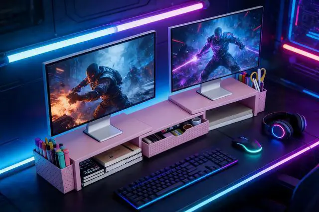 Alt view image 7 of 7 - Metal Desk Organizers and Accessories, Dual Monitor Stand Riser with Drawer and 2 Pen Holders, Desk Accessories & Workspace Desktop Organizers for Office Supplies (Pink)