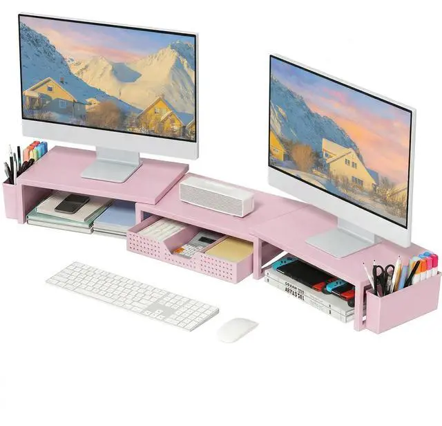 Main image of Desk Organizers and Accessories, Dual Monitor Stand Riser with Drawer and 2 Pen Holders, Desk Shelf Metal Computer Racks for Office Workspace Organizers, Desktop Organization (Pink Metal)