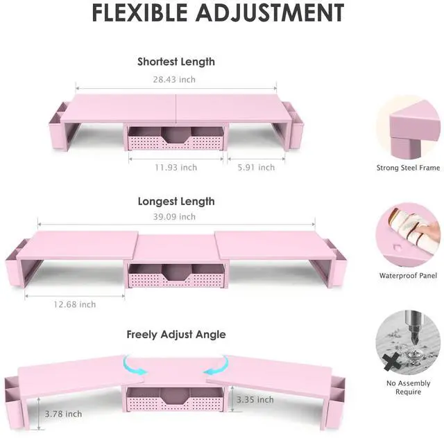 Alt view image 3 of 7 - Desk Organizers and Accessories, Dual Monitor Stand Riser with Drawer and 2 Pen Holders, Desk Shelf Metal Computer Racks for Office Workspace Organizers, Desktop Organization (Pink Metal)