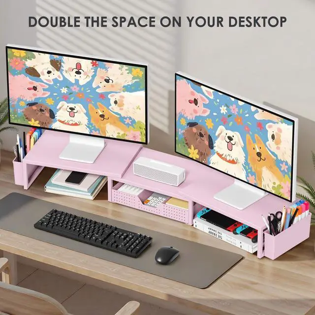 Alt view image 4 of 7 - Desk Organizers and Accessories, Dual Monitor Stand Riser with Drawer and 2 Pen Holders, Desk Shelf Metal Computer Racks for Office Workspace Organizers, Desktop Organization (Pink Metal)