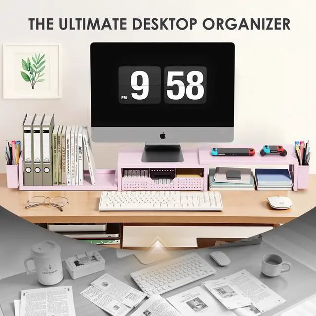 Alt view image 5 of 7 - Desk Organizers and Accessories, Dual Monitor Stand Riser with Drawer and 2 Pen Holders, Desk Shelf Metal Computer Racks for Office Workspace Organizers, Desktop Organization (Pink Metal)