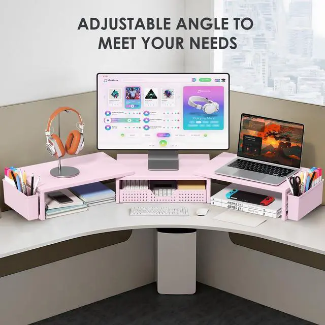 Alt view image 6 of 7 - Desk Organizers and Accessories, Dual Monitor Stand Riser with Drawer and 2 Pen Holders, Desk Shelf Metal Computer Racks for Office Workspace Organizers, Desktop Organization (Pink Metal)