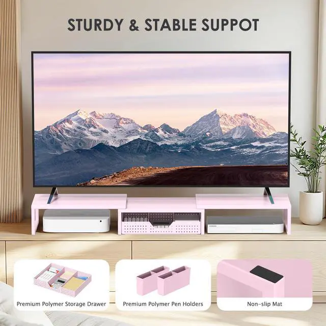 Alt view image 7 of 7 - Desk Organizers and Accessories, Dual Monitor Stand Riser with Drawer and 2 Pen Holders, Desk Shelf Metal Computer Racks for Office Workspace Organizers, Desktop Organization (Pink Metal)