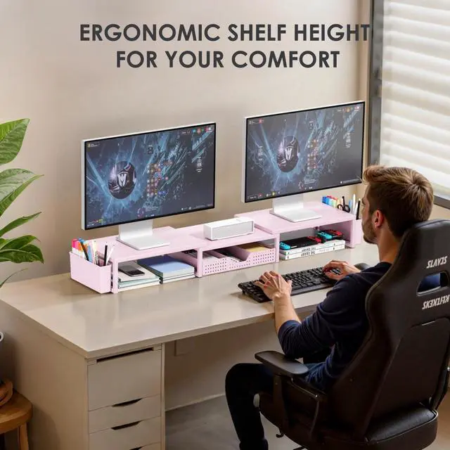 Alt view image 2 of 7 - Desk Organizers and Accessories, Dual Monitor Stand Riser with Drawer and 2 Pen Holders, Desk Shelf Metal Computer Racks for Office Workspace Organizers, Desktop Organization (Pink Metal)