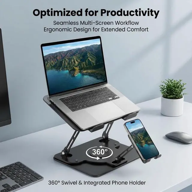 Alt view image 3 of 7 - Laptop Stand for Desk,Adjustable Computer Stand with 360° Rotating Base,2-in-1 Laptop Stands with Phone Holder,Ergonomic Laptop Riser for Collaborative Work,fits for All 10-16" Laptops