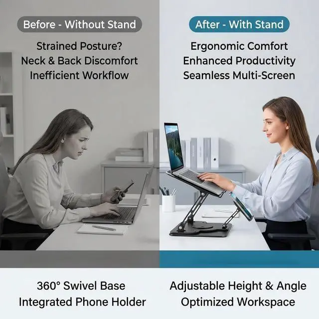 Alt view image 5 of 7 - Laptop Stand for Desk,Adjustable Computer Stand with 360° Rotating Base,2-in-1 Laptop Stands with Phone Holder,Ergonomic Laptop Riser for Collaborative Work,fits for All 10-16" Laptops