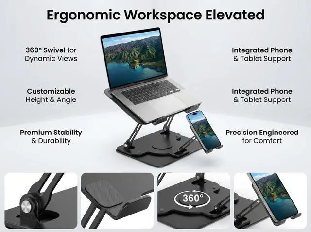 Alt view image 4 of 7 - Laptop Stand for Desk,Adjustable Computer Stand with 360° Rotating Base,2-in-1 Laptop Stands with Phone Holder,Ergonomic Laptop Riser for Collaborative Work,fits for All 10-16" Laptops
