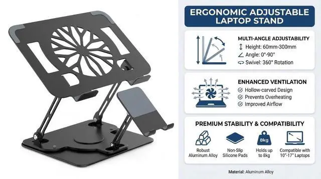 Alt view image 6 of 7 - Laptop Stand for Desk,Adjustable Computer Stand with 360° Rotating Base,2-in-1 Laptop Stands with Phone Holder,Ergonomic Laptop Riser for Collaborative Work,fits for All 10-16" Laptops