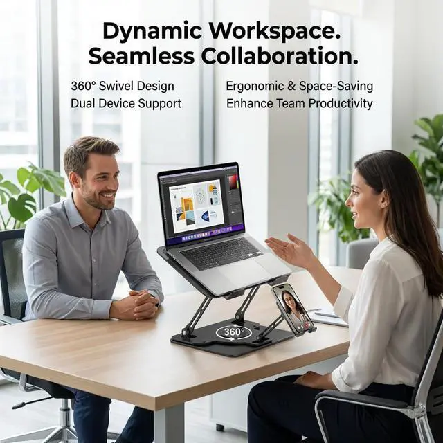 Alt view image 2 of 7 - Laptop Stand for Desk,Adjustable Computer Stand with 360° Rotating Base,2-in-1 Laptop Stands with Phone Holder,Ergonomic Laptop Riser for Collaborative Work,fits for All 10-16" Laptops