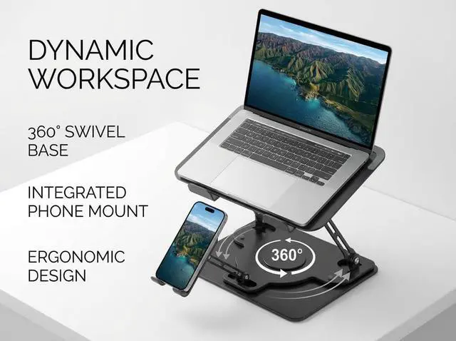 Alt view image 7 of 7 - Laptop Stand for Desk,Adjustable Computer Stand with 360° Rotating Base,2-in-1 Laptop Stands with Phone Holder,Ergonomic Laptop Riser for Collaborative Work,fits for All 10-16" Laptops
