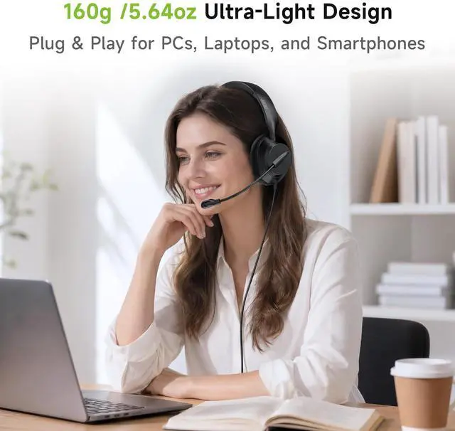 Alt view image 5 of 6 - Headset with Microphone for PC - ENC Noise Cancelling Headphones with Mic, Dual USB C Headset with Microphone & USB, 40mm Drivers Wired Headset with Mic for Work, Call Center Headset for Office