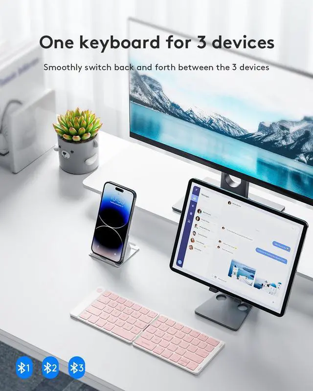 Alt view image 2 of 7 - Bluetooth Foldable Keyboard - Wireless Portable Folding Keyboard, Full-Size Ultra-Slim Rechargeable Connect Up to 3 Devices for iOS, Android, Windows Phone, Tablet, Laptop - Pink