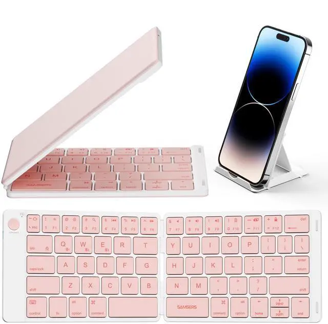 Main image of Bluetooth Foldable Keyboard - Wireless Portable Folding Keyboard, Full-Size Ultra-Slim Rechargeable Connect Up to 3 Devices for iOS, Android, Windows Phone, Tablet, Laptop - Pink