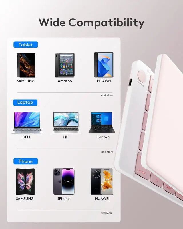 Alt view image 6 of 7 - Bluetooth Foldable Keyboard - Wireless Portable Folding Keyboard, Full-Size Ultra-Slim Rechargeable Connect Up to 3 Devices for iOS, Android, Windows Phone, Tablet, Laptop - Pink