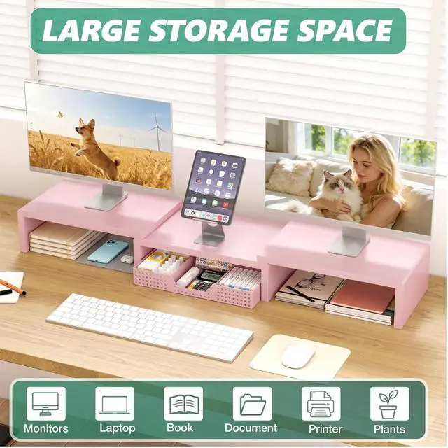 Alt view image 2 of 6 - Desk Organizers and Accessories, Dual Computer Monitor Stand Riser with Drawer, Office Decor for Women, Office Desk Accessories & Workspace Organizers for Home Office Supplies, Pink