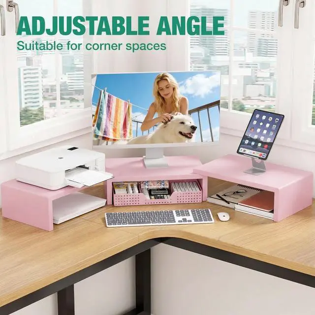 Alt view image 4 of 6 - Desk Organizers and Accessories, Dual Computer Monitor Stand Riser with Drawer, Office Decor for Women, Office Desk Accessories & Workspace Organizers for Home Office Supplies, Pink