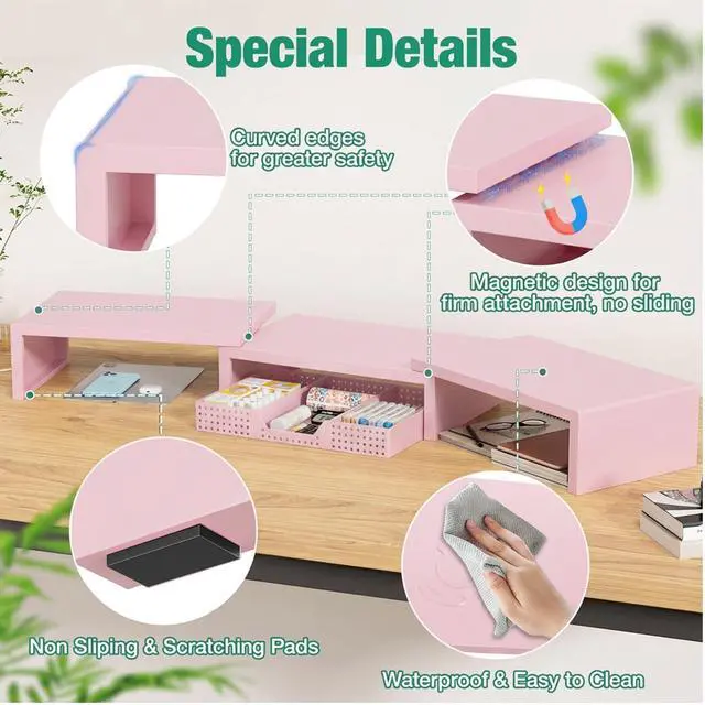 Alt view image 5 of 6 - Desk Organizers and Accessories, Dual Computer Monitor Stand Riser with Drawer, Office Decor for Women, Office Desk Accessories & Workspace Organizers for Home Office Supplies, Pink