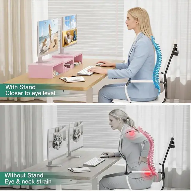 Main image of Desk Organizers and Accessories, Dual Computer Monitor Stand Riser with Drawer, Office Decor for Women, Office Desk Accessories & Workspace Organizers for Home Office Supplies, Pink