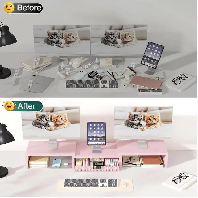 Alt view image 3 of 6 - Desk Organizers and Accessories, Dual Computer Monitor Stand Riser with Drawer, Office Decor for Women, Office Desk Accessories & Workspace Organizers for Home Office Supplies, Pink