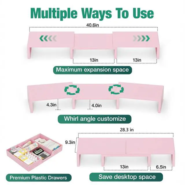 Alt view image 6 of 6 - Desk Organizers and Accessories, Dual Computer Monitor Stand Riser with Drawer, Office Decor for Women, Office Desk Accessories & Workspace Organizers for Home Office Supplies, Pink