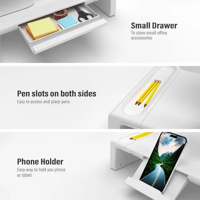 Alt view image 2 of 6 - Monitor Stand Riser with Drawer - Adjustable Foldable Computer Monitor Stand for Desk, Desktop Organizer with Phone Holder & Pen Slot, Space Saving Laptop Riser for Home Office, White