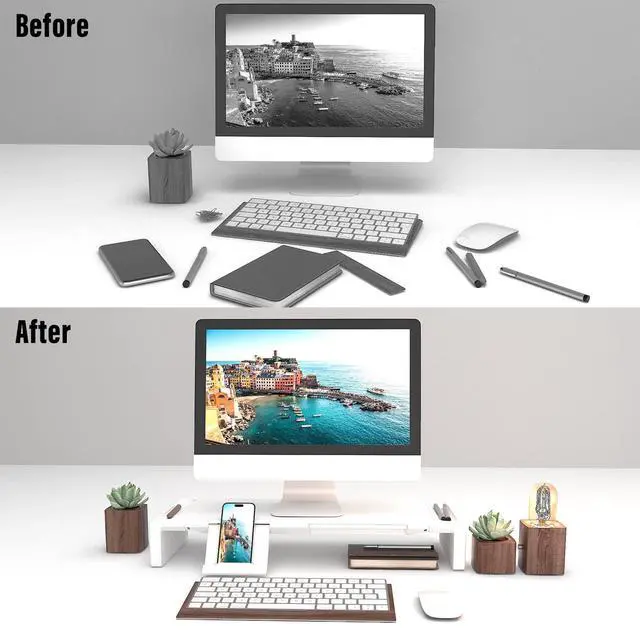Alt view image 4 of 6 - Monitor Stand Riser with Drawer - Adjustable Foldable Computer Monitor Stand for Desk, Desktop Organizer with Phone Holder & Pen Slot, Space Saving Laptop Riser for Home Office, White