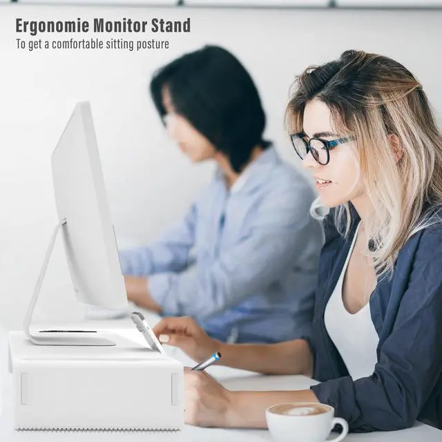 Alt view image 6 of 6 - Monitor Stand Riser with Drawer - Adjustable Foldable Computer Monitor Stand for Desk, Desktop Organizer with Phone Holder & Pen Slot, Space Saving Laptop Riser for Home Office, White