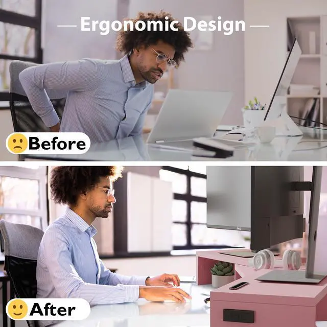 Alt view image 4 of 7 - Dual Monitor Stand Riser with Smartphone Holder, Adjustable Length & Swivel Angle, Ergonomic Wooden Desktop Organizer for PC Monitor, Laptop, Printer, Large Storage, Pink