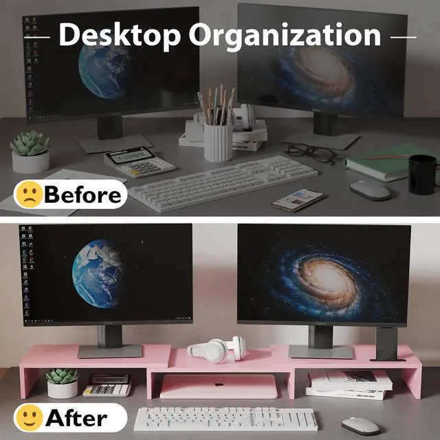 Alt view image 2 of 7 - Dual Monitor Stand Riser with Smartphone Holder, Adjustable Length & Swivel Angle, Ergonomic Wooden Desktop Organizer for PC Monitor, Laptop, Printer, Large Storage, Pink