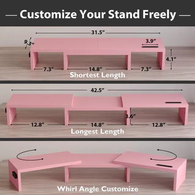 Alt view image 3 of 7 - Dual Monitor Stand Riser with Smartphone Holder, Adjustable Length & Swivel Angle, Ergonomic Wooden Desktop Organizer for PC Monitor, Laptop, Printer, Large Storage, Pink