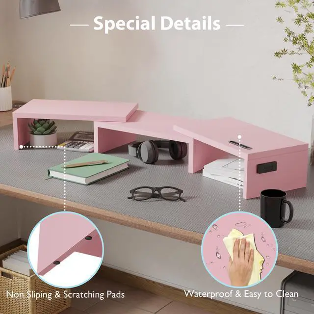 Alt view image 7 of 7 - Dual Monitor Stand Riser with Smartphone Holder, Adjustable Length & Swivel Angle, Ergonomic Wooden Desktop Organizer for PC Monitor, Laptop, Printer, Large Storage, Pink