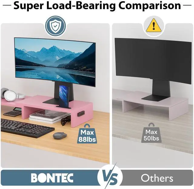 Alt view image 5 of 7 - Dual Monitor Stand Riser with Smartphone Holder, Adjustable Length & Swivel Angle, Ergonomic Wooden Desktop Organizer for PC Monitor, Laptop, Printer, Large Storage, Pink