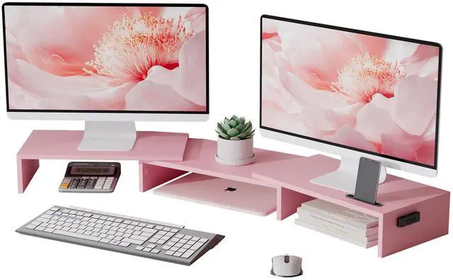 Main image of Dual Monitor Stand Riser with Smartphone Holder, Adjustable Length & Swivel Angle, Ergonomic Wooden Desktop Organizer for PC Monitor, Laptop, Printer, Large Storage, Pink