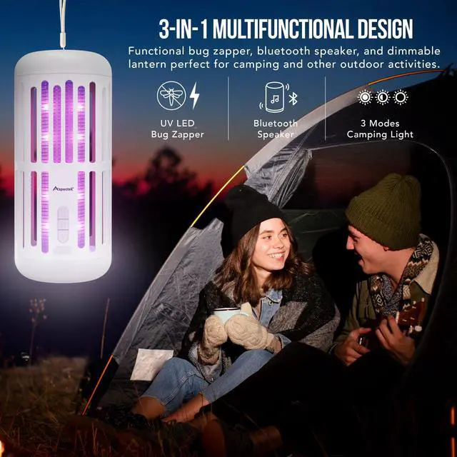 Alt view image 2 of 6 - 3-in-1 Rechargeable Bug Zapper with Bluetooth Speaker and Ambient LED Light, Portable Cordless Mosquito Killer for Patio, Camping and Garden, High-Voltage Electric Insect Control - White