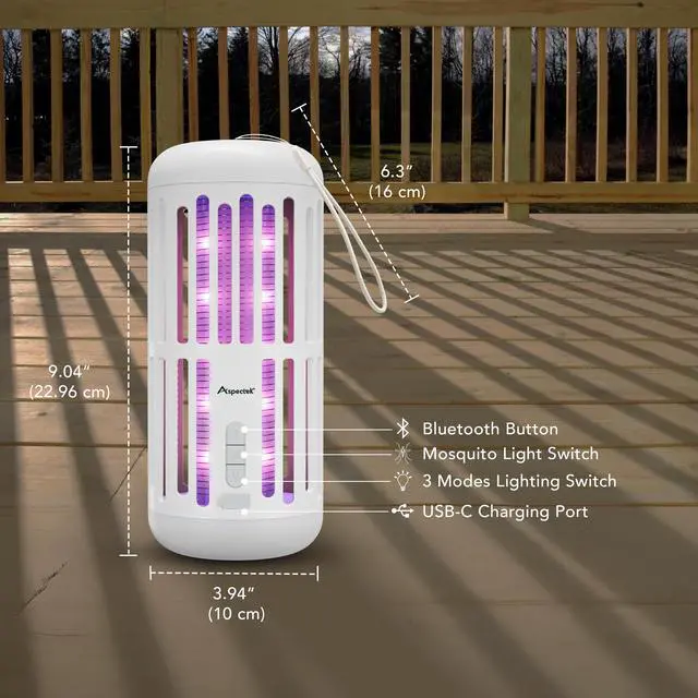 Alt view image 5 of 6 - 3-in-1 Rechargeable Bug Zapper with Bluetooth Speaker and Ambient LED Light, Portable Cordless Mosquito Killer for Patio, Camping and Garden, High-Voltage Electric Insect Control - White