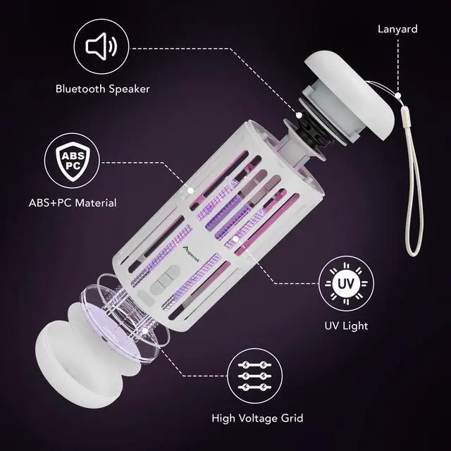 Alt view image 6 of 6 - 3-in-1 Rechargeable Bug Zapper with Bluetooth Speaker and Ambient LED Light, Portable Cordless Mosquito Killer for Patio, Camping and Garden, High-Voltage Electric Insect Control - White