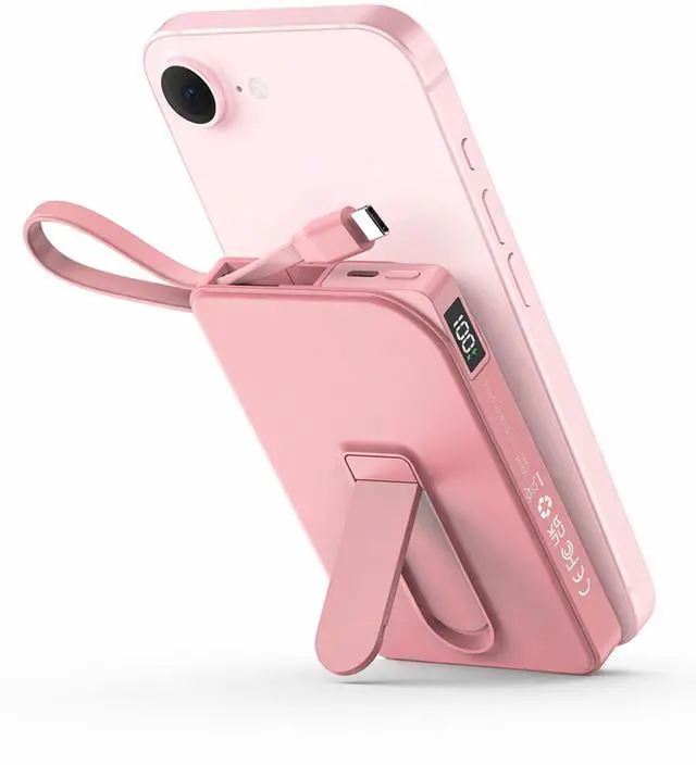 Main image of for Magsafe Battery Pack, Magnetic Power Bank with Stand, 10000mAh Wireless Portable Charger Fast Charging with Built in Cable(USB C), Powerbank for iPhone17/16/15/14/13/12 Travel & Daily, Pink