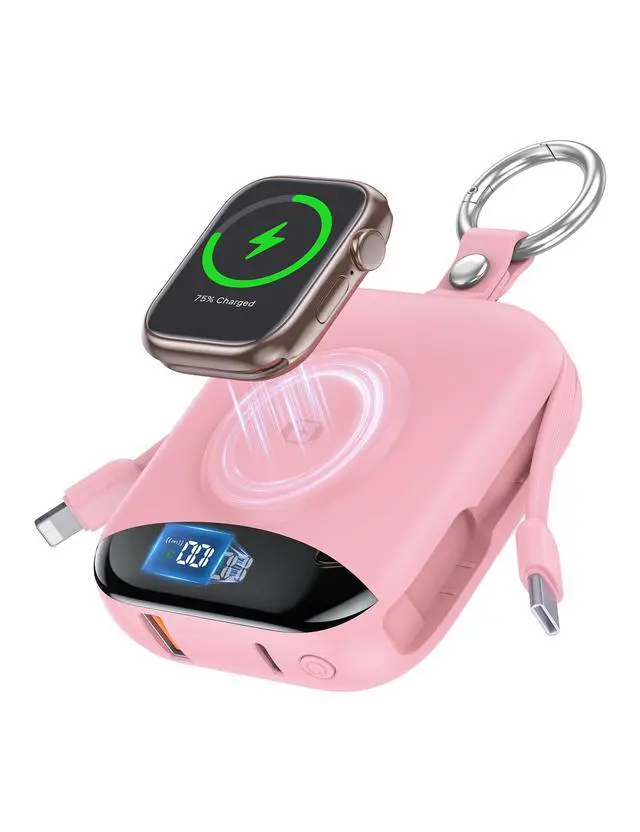 Main image of Portable Charger, 10000mAh 22.5W Fast Charging Power Bank with Built-in Cables, Travel Essentials Battery Pack with LED Display for iPhone, Portable iWatch Charger for 11/10/9/8/7/6/5/4/SE/Ultra Pink