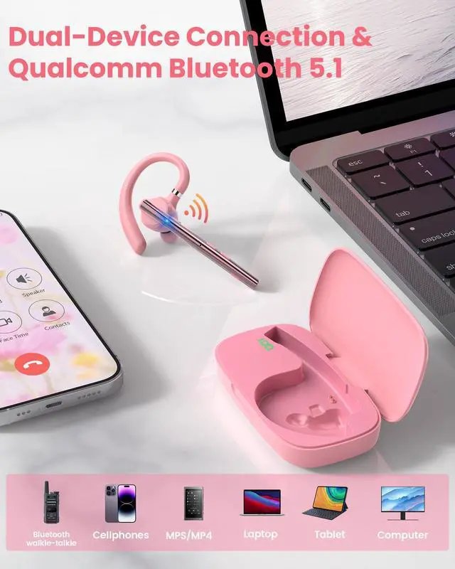 Alt view image 6 of 7 - Bluetooth Headset V5.1 72H Talk Time Dual Mic with Mute Button for Business, Wireless Hand-Free Bluetooth Earpiece with 500mAh Charging Case for Cell Phone Calls Trucker Driver Laptop