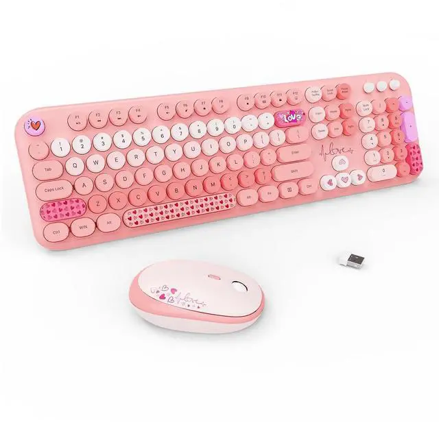 Main image of Wireless Keyboard and Mouse Combo - 2.4G Full-Sized Cute Colorful Retro Keyboard with Round Keycaps 104 Keys Typewriter Keyboard for Laptop/Windows/PC-Pink Colorful