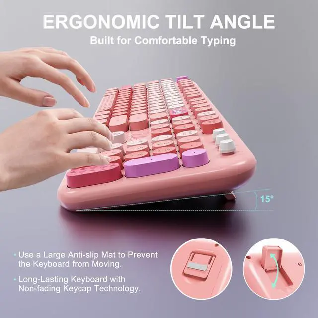 Alt view image 3 of 7 - Wireless Keyboard and Mouse Combo - 2.4G Full-Sized Cute Colorful Retro Keyboard with Round Keycaps 104 Keys Typewriter Keyboard for Laptop/Windows/PC-Pink Colorful