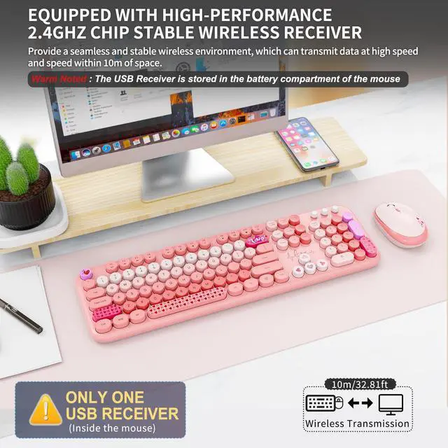 Alt view image 4 of 7 - Wireless Keyboard and Mouse Combo - 2.4G Full-Sized Cute Colorful Retro Keyboard with Round Keycaps 104 Keys Typewriter Keyboard for Laptop/Windows/PC-Pink Colorful