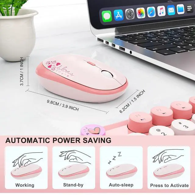Alt view image 5 of 7 - Wireless Keyboard and Mouse Combo - 2.4G Full-Sized Cute Colorful Retro Keyboard with Round Keycaps 104 Keys Typewriter Keyboard for Laptop/Windows/PC-Pink Colorful