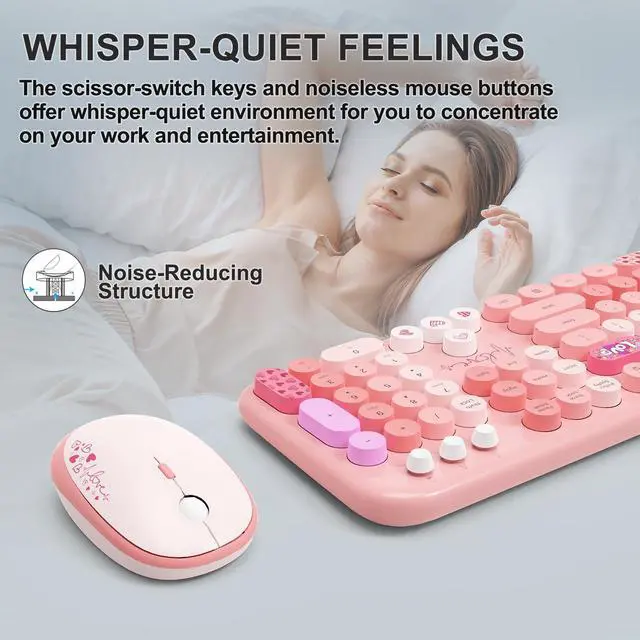 Alt view image 6 of 7 - Wireless Keyboard and Mouse Combo - 2.4G Full-Sized Cute Colorful Retro Keyboard with Round Keycaps 104 Keys Typewriter Keyboard for Laptop/Windows/PC-Pink Colorful
