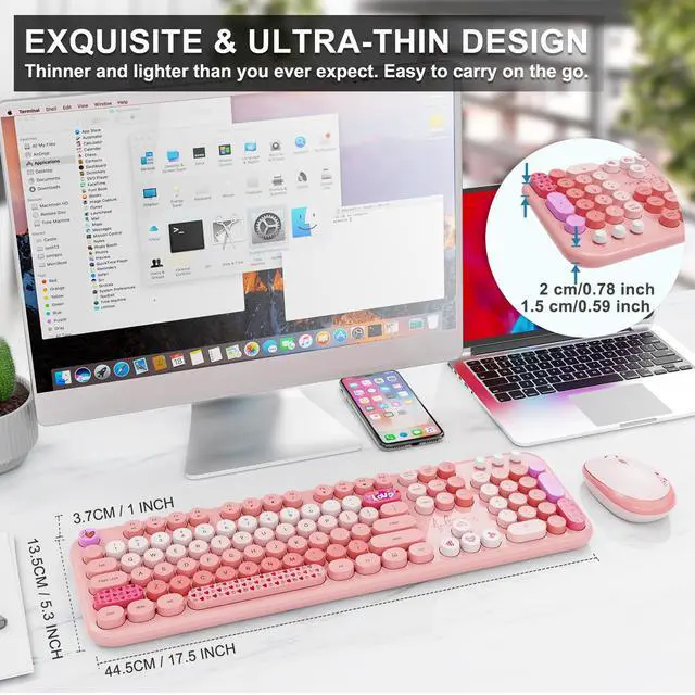 Alt view image 7 of 7 - Wireless Keyboard and Mouse Combo - 2.4G Full-Sized Cute Colorful Retro Keyboard with Round Keycaps 104 Keys Typewriter Keyboard for Laptop/Windows/PC-Pink Colorful