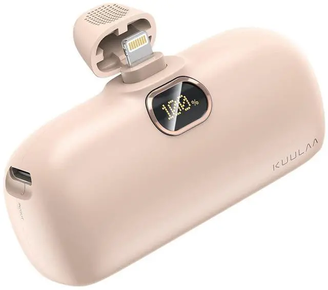 Main image of Portable Charger for iPhone 14/13/12/11 Mini 5000mAh Built-in Lightning Plug Power Bank with LED Display, Fast Charging USB-C Input, Compact Travel Battery Pack, Pink