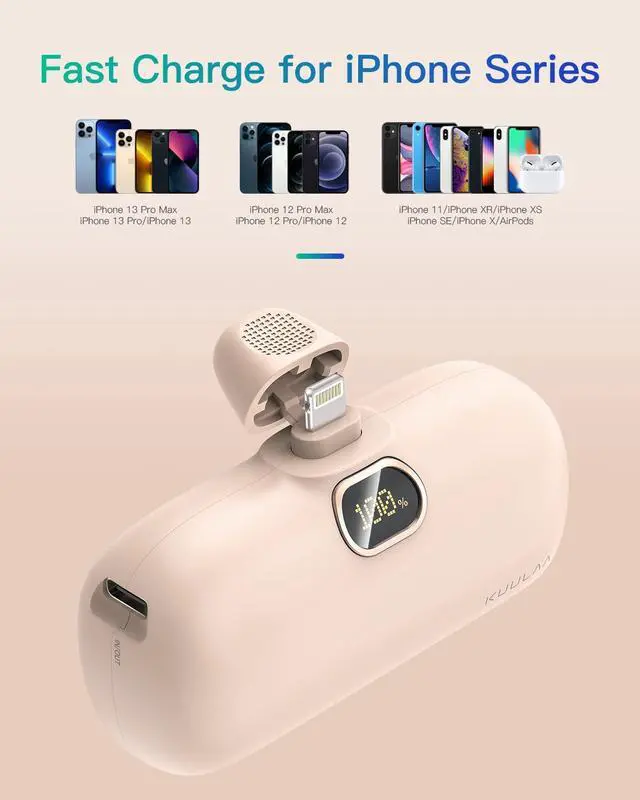 Alt view image 2 of 7 - Portable Charger for iPhone 14/13/12/11 Mini 5000mAh Built-in Lightning Plug Power Bank with LED Display, Fast Charging USB-C Input, Compact Travel Battery Pack, Pink
