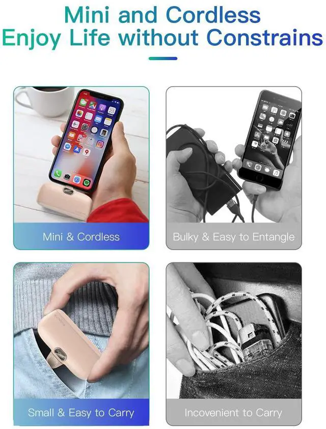 Alt view image 7 of 7 - Portable Charger for iPhone 14/13/12/11 Mini 5000mAh Built-in Lightning Plug Power Bank with LED Display, Fast Charging USB-C Input, Compact Travel Battery Pack, Pink