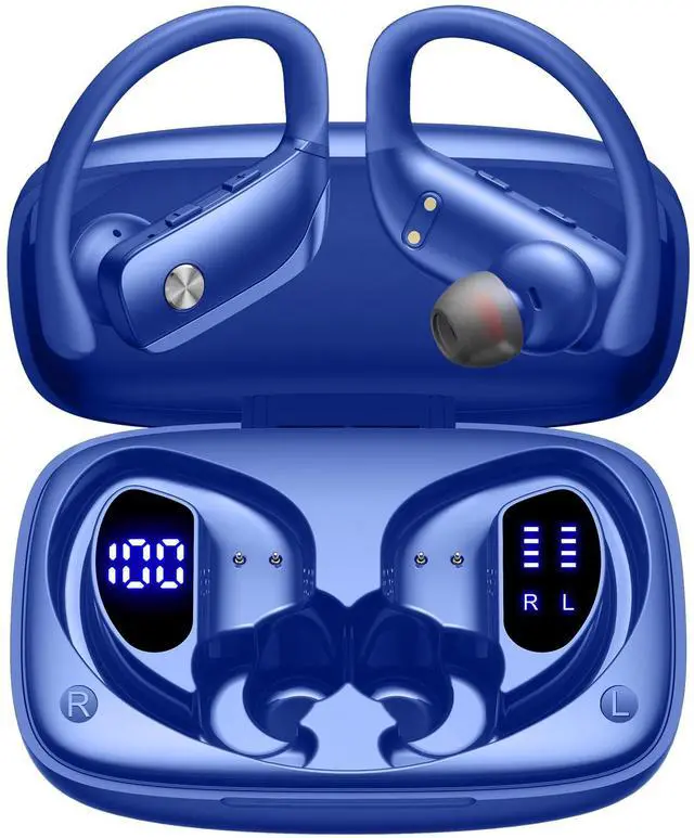 Main image of Ear Buds Wireless Earbuds Bluetooth Headphones with 80H Playtime LED Display Case, Over-Ear Hook with Mic, Stereo Sound, Easy Button Controls, Sports Earphones for Running Workout Gym Blue